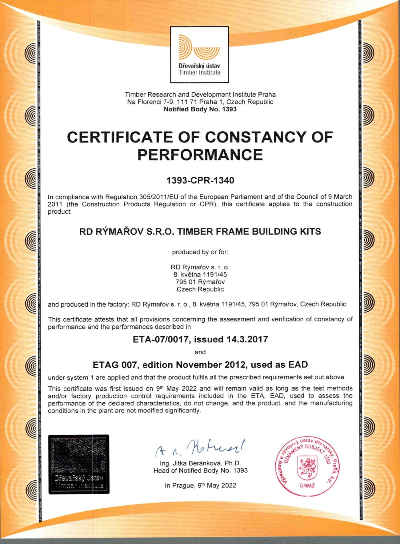Certifikate of constancy of Performance Certifikate of constancy of Performance